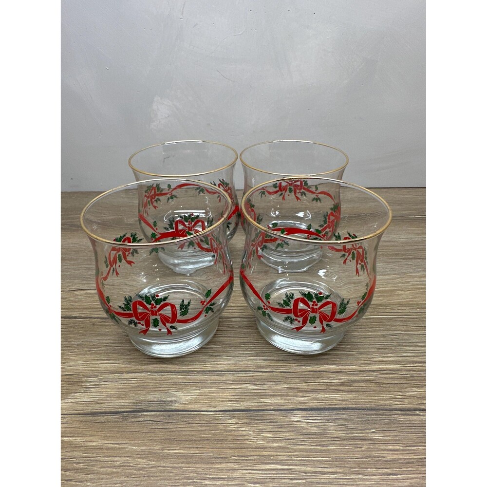 Vintage 1980s Libbey Holly & Ribbon Christmas Tulip Footed Rocks Glass Set of 4